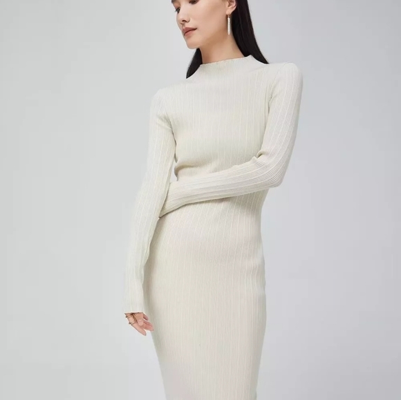 Cream Ribbed Knit High Neck Midi Dress - Picture 2 of 15